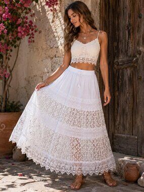 Women's Maxi White Tiered Lace Skirt Cotton 100% Summer L Boho Bohemian SequinB4
